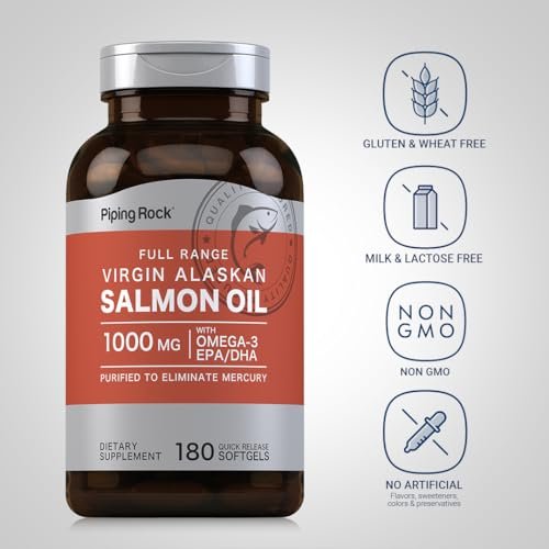 Piping Rock Wild Alaskan Salmonöl für Menschen | 1000 mg | 180 Weichkapseln | Omega-3-Ergänzung mit EPA und DHA | Non-GMO und glutenfrei
