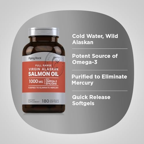 Piping Rock Wild Alaskan Salmonöl für Menschen | 1000 mg | 180 Weichkapseln | Omega-3-Ergänzung mit EPA und DHA | Non-GMO und glutenfrei