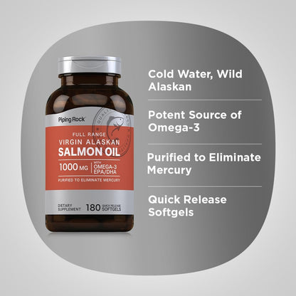 Piping Rock Wild Alaskan Salmonöl für Menschen | 1000 mg | 180 Weichkapseln | Omega-3-Ergänzung mit EPA und DHA | Non-GMO und glutenfrei