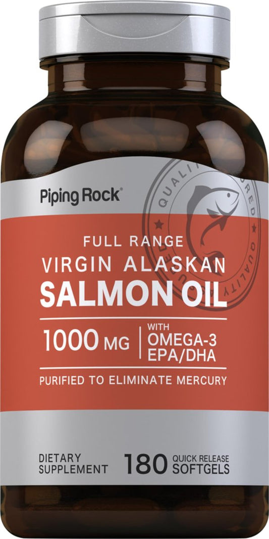 Piping Rock Wild Alaskan Salmonöl für Menschen | 1000 mg | 180 Weichkapseln | Omega-3-Ergänzung mit EPA und DHA | Non-GMO und glutenfrei