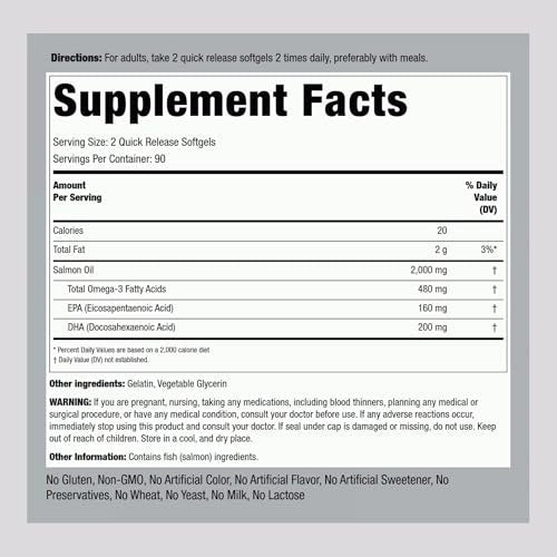 Piping Rock Wild Alaskan Salmonöl für Menschen | 1000 mg | 180 Weichkapseln | Omega-3-Ergänzung mit EPA und DHA | Non-GMO und glutenfrei