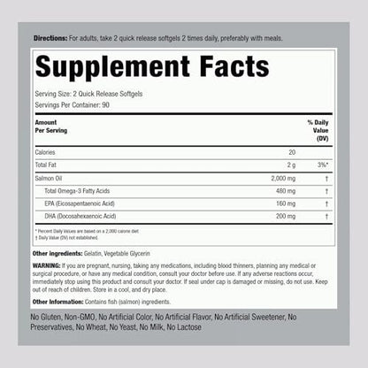 Piping Rock Wild Alaskan Salmonöl für Menschen | 1000 mg | 180 Weichkapseln | Omega-3-Ergänzung mit EPA und DHA | Non-GMO und glutenfrei