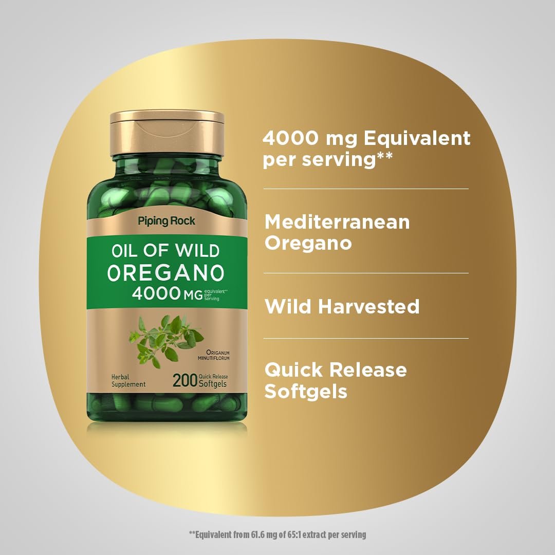 Piping Rock Oreganoöl Softgel-Kapseln | 200 Kapseln | Wild geerntet | Nicht-GVO, glutenfrei