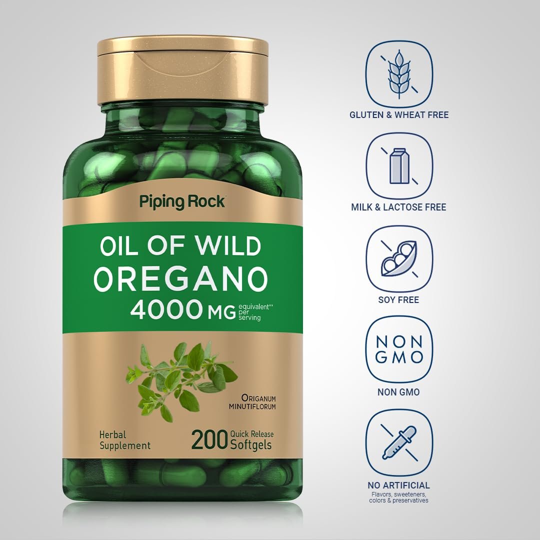 Piping Rock Oreganoöl Softgel-Kapseln | 200 Kapseln | Wild geerntet | Nicht-GVO, glutenfrei