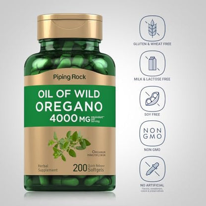 Piping Rock Oreganoöl Softgel-Kapseln | 200 Kapseln | Wild geerntet | Nicht-GVO, glutenfrei
