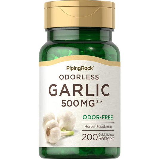 Piping Rock Geruchsloses Knoblauchpräparat | 200 Softgels | Konzentrierter Kräuterextrakt | Geruchsfrei, Nicht-GVO, Glutenfrei