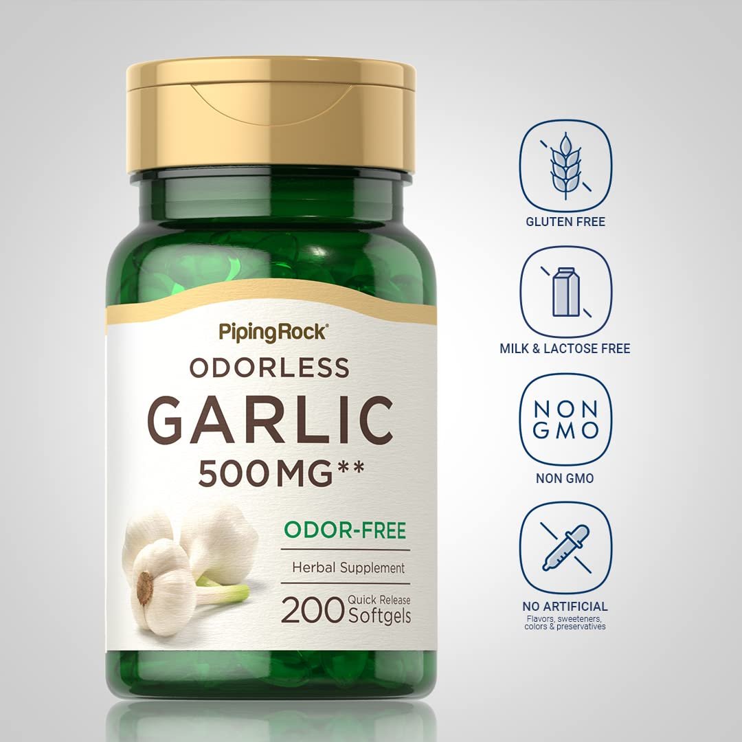Piping Rock Geruchsloses Knoblauchpräparat | 200 Softgels | Konzentrierter Kräuterextrakt | Geruchsfrei, Nicht-GVO, Glutenfrei