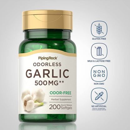 Piping Rock Geruchsloses Knoblauchpräparat | 200 Softgels | Konzentrierter Kräuterextrakt | Geruchsfrei, Nicht-GVO, Glutenfrei