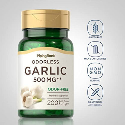 Piping Rock Geruchsloses Knoblauchpräparat | 200 Softgels | Konzentrierter Kräuterextrakt | Geruchsfrei, Nicht-GVO, Glutenfrei