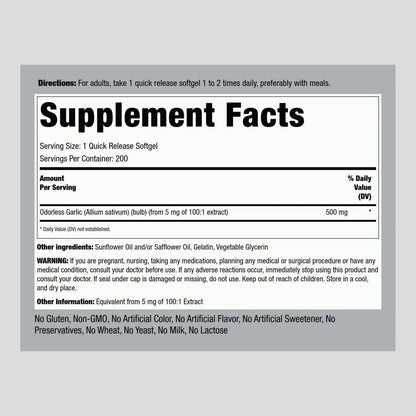 Piping Rock Geruchsloses Knoblauchpräparat | 200 Softgels | Konzentrierter Kräuterextrakt | Geruchsfrei, Nicht-GVO, Glutenfrei