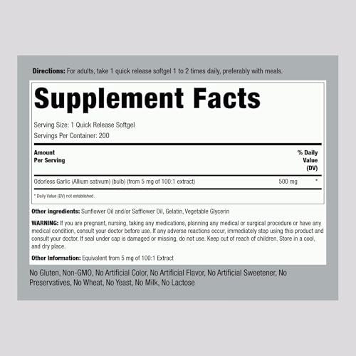 Piping Rock Geruchsloses Knoblauchpräparat | 200 Softgels | Konzentrierter Kräuterextrakt | Geruchsfrei, Nicht-GVO, Glutenfrei