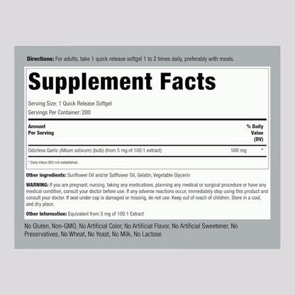 Piping Rock Geruchsloses Knoblauchpräparat | 200 Softgels | Konzentrierter Kräuterextrakt | Geruchsfrei, Nicht-GVO, Glutenfrei