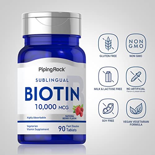 Piping Rock Biotin 10000mcg Schnell lösliche Tabletten | 90 Stück | Beerengeschmack Sublinguale Pillen | Maximale Stärke und hohe Absorption | Vegetarisch, Nicht-GVO, Glutenfrei