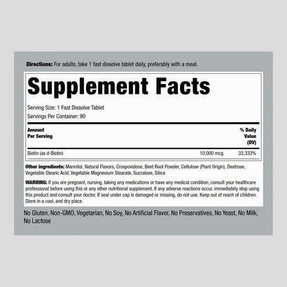 Piping Rock Biotin 10000mcg Schnell lösliche Tabletten | 90 Stück | Beerengeschmack Sublinguale Pillen | Maximale Stärke und hohe Absorption | Vegetarisch, Nicht-GVO, Glutenfrei