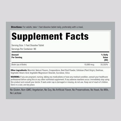 Piping Rock Biotin 10000mcg Schnell lösliche Tabletten | 90 Stück | Beerengeschmack Sublinguale Pillen | Maximale Stärke und hohe Absorption | Vegetarisch, Nicht-GVO, Glutenfrei