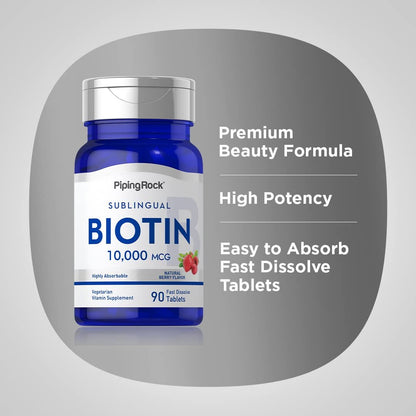 Piping Rock Biotin 10000mcg Schnell lösliche Tabletten | 90 Stück | Beerengeschmack Sublinguale Pillen | Maximale Stärke und hohe Absorption | Vegetarisch, Nicht-GVO, Glutenfrei
