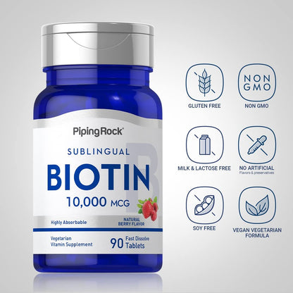 Piping Rock Biotin 10000mcg Schnell lösliche Tabletten | 90 Stück | Beerengeschmack Sublinguale Pillen | Maximale Stärke und hohe Absorption | Vegetarisch, Nicht-GVO, Glutenfrei