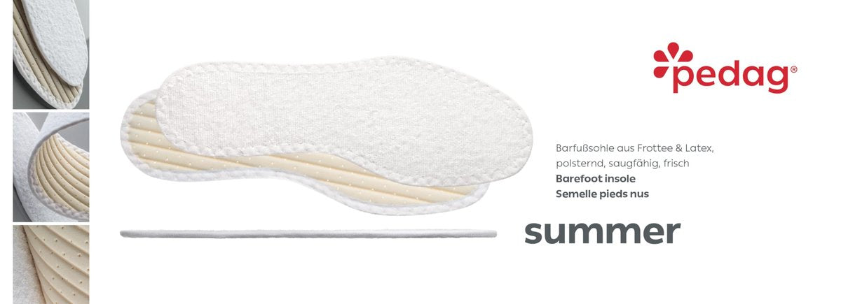 Pedag Summer Pure Terry Baumwoll-Einlegesohlen – Handgefertigt in Deutschland, saugt Schweiß auf & kontrolliert Gerüche, ideal für den Einsatz ohne Socken, waschbar, US Damen 9/ Herren 6/ EU 39, Weiß, 3 Paar
