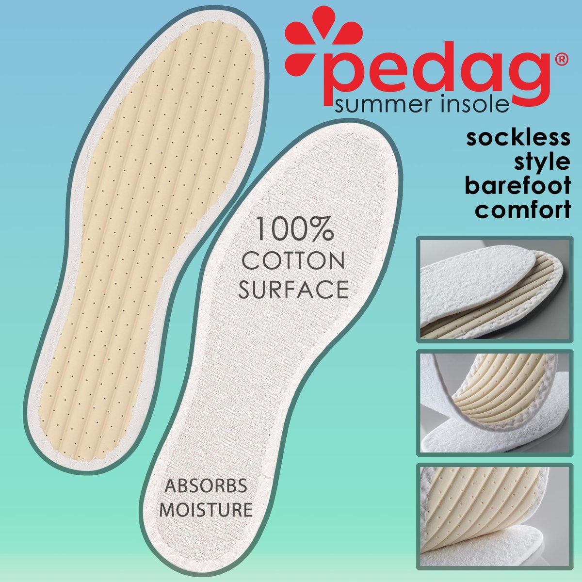 Pedag Summer Pure Terry Baumwoll-Einlegesohlen – Handgefertigt in Deutschland, saugt Schweiß auf & kontrolliert Gerüche, ideal für den Einsatz ohne Socken, waschbar, US Damen 9/ Herren 6/ EU 39, Weiß, 3 Paar
