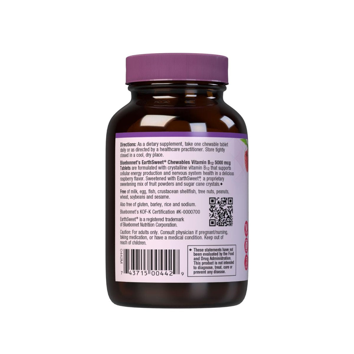BlueBonnet Nutrition Earth Sweet Vitamin B12 5000 mcg Lutschtabletten, Sojafrei, Glutenfrei, Koscher zertifiziert, Milchfrei, Vegan, Himbeergeschmack, 60 Lutschtabletten, 60 Portionen