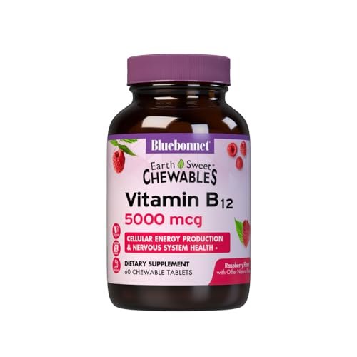 BlueBonnet Nutrition Earth Sweet Vitamin B12 5000 mcg Lutschtabletten, Sojafrei, Glutenfrei, Koscher zertifiziert, Milchfrei, Vegan, Himbeergeschmack, 60 Lutschtabletten, 60 Portionen