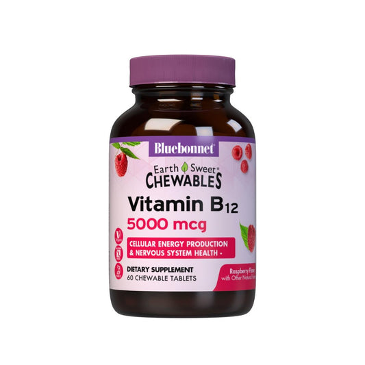 BlueBonnet Nutrition Earth Sweet Vitamin B12 5000 mcg Lutschtabletten, Sojafrei, Glutenfrei, Koscher zertifiziert, Milchfrei, Vegan, Himbeergeschmack, 60 Lutschtabletten, 60 Portionen