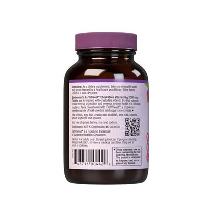 BlueBonnet Nutrition Earth Sweet Vitamin B12 5000 mcg Lutschtabletten, Sojafrei, Glutenfrei, Koscher zertifiziert, Milchfrei, Vegan, Himbeergeschmack, 60 Lutschtabletten, 60 Portionen