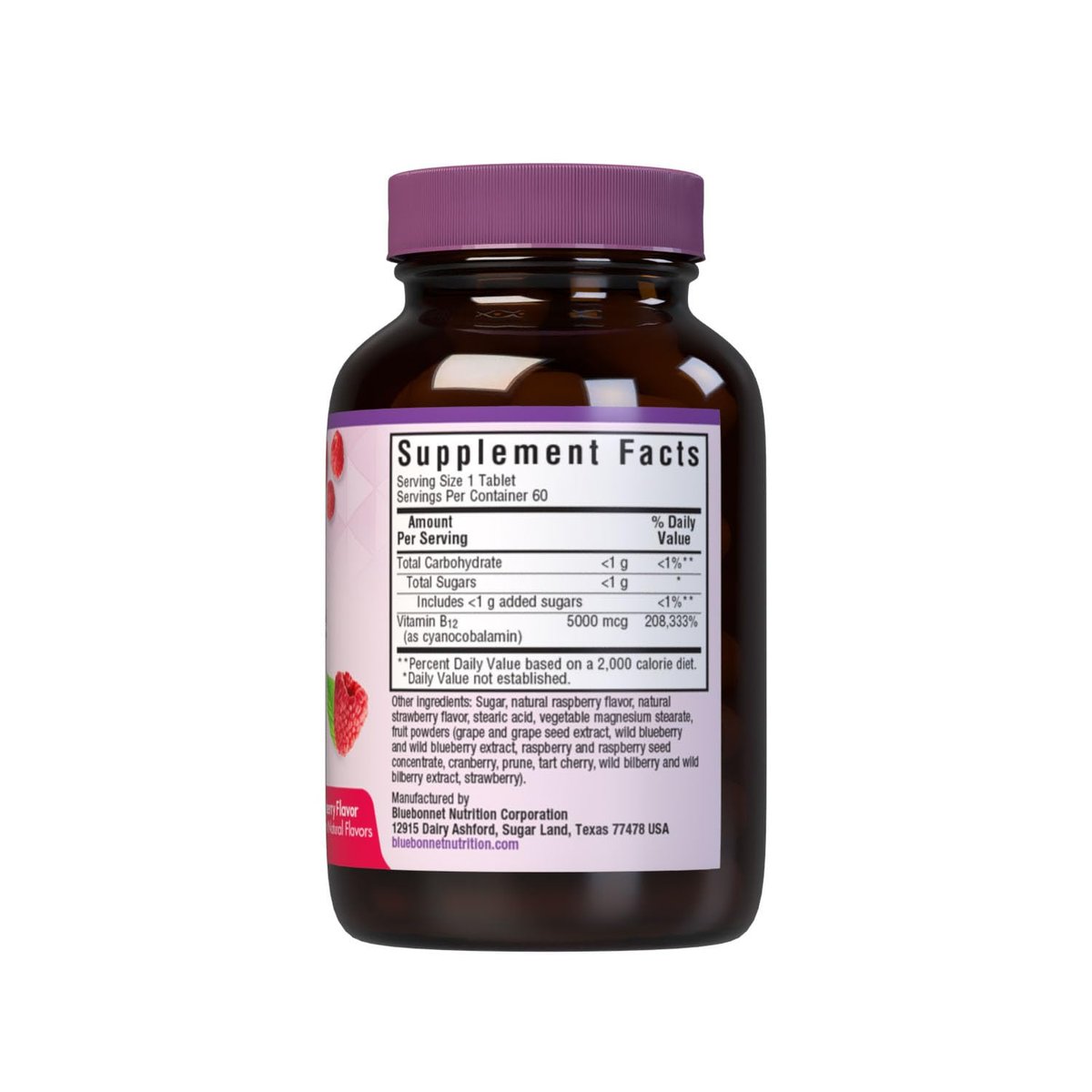 BlueBonnet Nutrition Earth Sweet Vitamin B12 5000 mcg Lutschtabletten, Sojafrei, Glutenfrei, Koscher zertifiziert, Milchfrei, Vegan, Himbeergeschmack, 60 Lutschtabletten, 60 Portionen