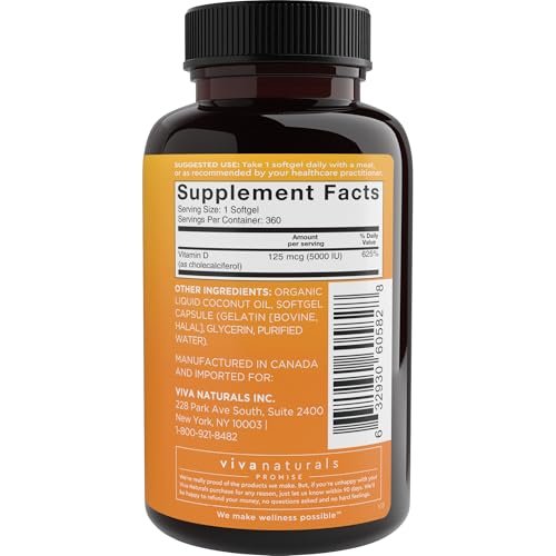 Viva Naturals Vitamin D3 5000 IU Weichkapseln, 360 Stück (125 µg), Unterstützt Knochen- und Immunsystem, Hochwirksames Vitamin D