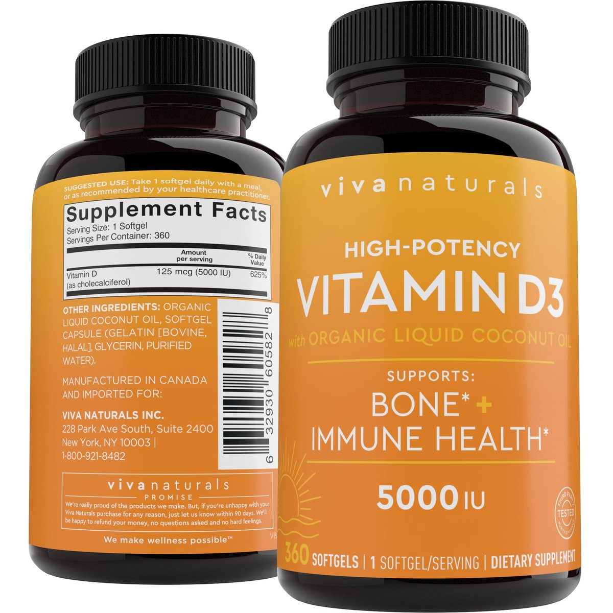 Viva Naturals Vitamin D3 5000 IU Weichkapseln, 360 Stück (125 µg), Unterstützt Knochen- und Immunsystem, Hochwirksames Vitamin D