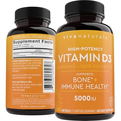 Viva Naturals Vitamin D3 5000 IU Weichkapseln, 360 Stück (125 µg), Unterstützt Knochen- und Immunsystem, Hochwirksames Vitamin D