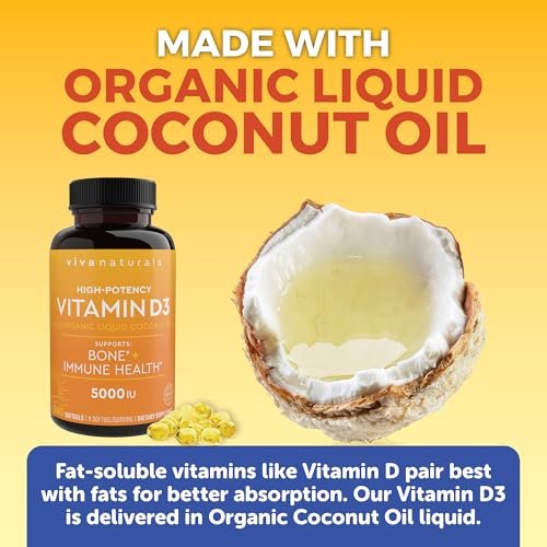Viva Naturals Vitamin D3 5000 IU Weichkapseln, 360 Stück (125 µg), Unterstützt Knochen- und Immunsystem, Hochwirksames Vitamin D