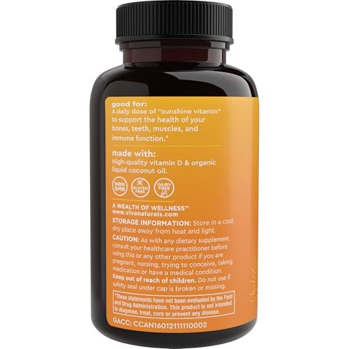 Viva Naturals Vitamin D3 5000 IU Weichkapseln, 360 Stück (125 µg), Unterstützt Knochen- und Immunsystem, Hochwirksames Vitamin D