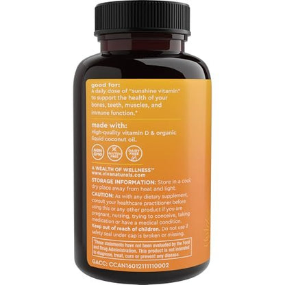 Viva Naturals Vitamin D3 5000 IU Weichkapseln, 360 Stück (125 µg), Unterstützt Knochen- und Immunsystem, Hochwirksames Vitamin D