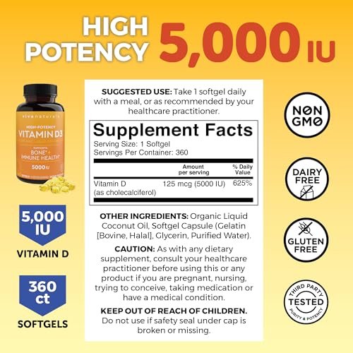 Viva Naturals Vitamin D3 5000 IU Weichkapseln, 360 Stück (125 µg), Unterstützt Knochen- und Immunsystem, Hochwirksames Vitamin D