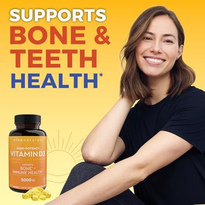 Viva Naturals Vitamin D3 5000 IU Weichkapseln, 360 Stück (125 µg), Unterstützt Knochen- und Immunsystem, Hochwirksames Vitamin D