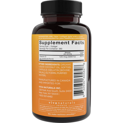 Viva Naturals Vitamin D3 5000 IU Weichkapseln, 360 Stück (125 µg), Unterstützt Knochen- und Immunsystem, Hochwirksames Vitamin D