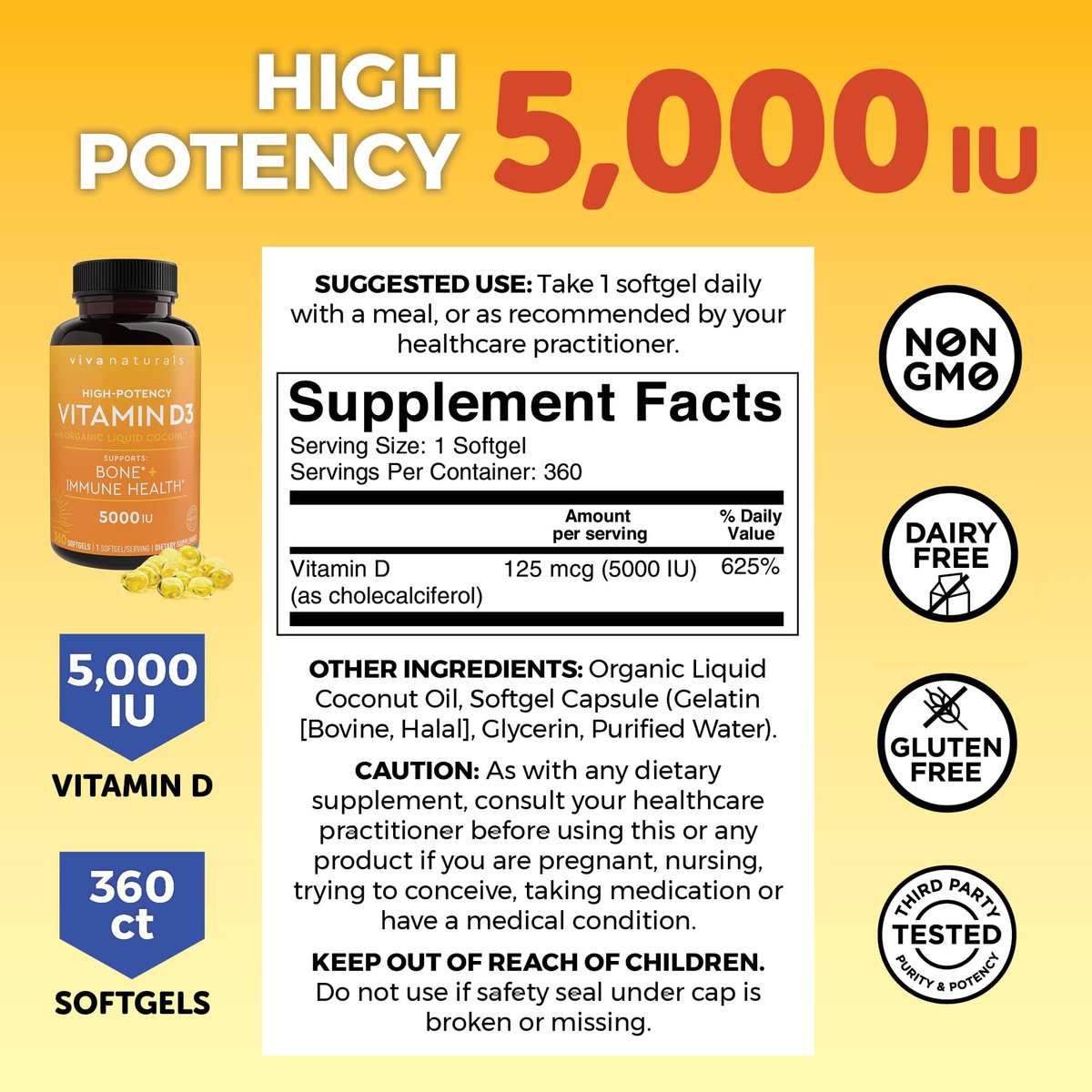 Viva Naturals Vitamin D3 5000 IU Weichkapseln, 360 Stück (125 µg), Unterstützt Knochen- und Immunsystem, Hochwirksames Vitamin D