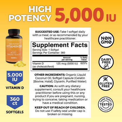 Viva Naturals Vitamin D3 5000 IU Weichkapseln, 360 Stück (125 µg), Unterstützt Knochen- und Immunsystem, Hochwirksames Vitamin D