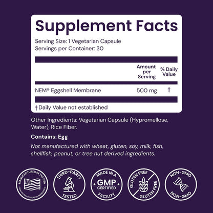 Healthy Origins NEM Eierschalenmembran 500 mg, 30 vegane Kapseln – klinisch getestet, aus den USA – schnell wirkendes Nahrungsergänzungsmittel für Gelenkkomfort, Flexibilität & Beweglichkeit – 1-Monats-Vorrat