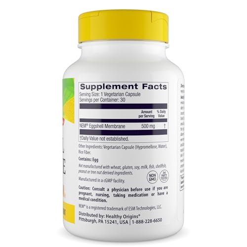 Healthy Origins NEM Eierschalenmembran 500 mg, 30 vegane Kapseln – klinisch getestet, aus den USA – schnell wirkendes Nahrungsergänzungsmittel für Gelenkkomfort, Flexibilität & Beweglichkeit – 1-Monats-Vorrat