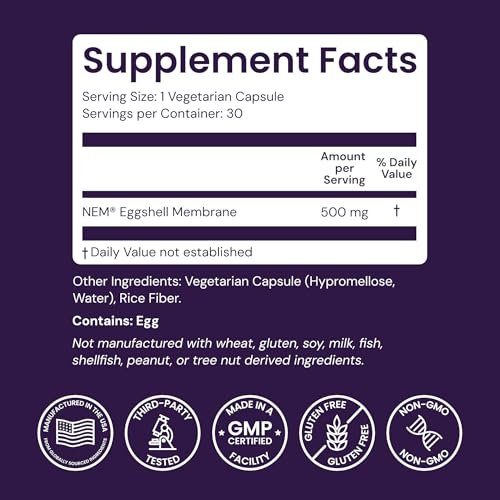 Healthy Origins NEM Eierschalenmembran 500 mg, 30 vegane Kapseln – klinisch getestet, aus den USA – schnell wirkendes Nahrungsergänzungsmittel für Gelenkkomfort, Flexibilität & Beweglichkeit – 1-Monats-Vorrat
