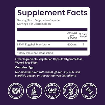 Healthy Origins NEM Eierschalenmembran 500 mg, 30 vegane Kapseln – klinisch getestet, aus den USA – schnell wirkendes Nahrungsergänzungsmittel für Gelenkkomfort, Flexibilität & Beweglichkeit – 1-Monats-Vorrat