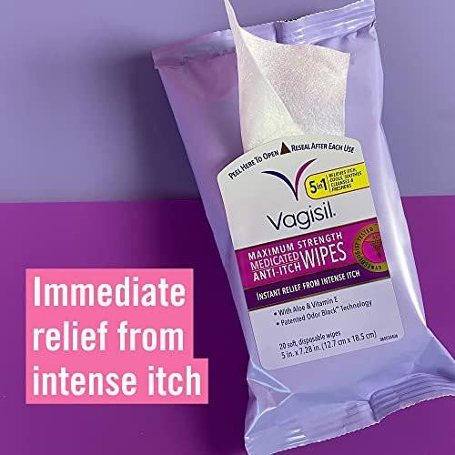 Vagisil Anti-Juckreiz Medizinische Feuchttücher für den Intimbereich, Maximale Stärke, Sofortige Linderung, 20 Tücher (1 Packung)