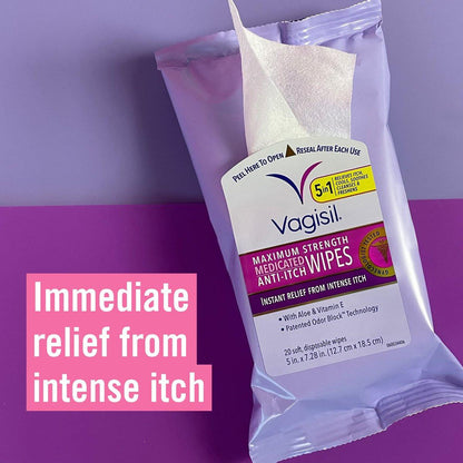 Vagisil Anti-Juckreiz Medizinische Feuchttücher für den Intimbereich, Maximale Stärke, Sofortige Linderung, 20 Tücher (1 Packung)