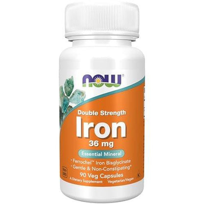 NOW Supplements, Eisen 36 mg, Doppelte Stärke, Nicht verstopfend*, Essentielles Mineral, 90 Veg-Kapseln