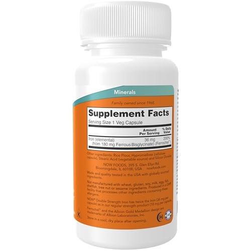 NOW Supplements, Eisen 36 mg, Doppelte Stärke, Nicht verstopfend*, Essentielles Mineral, 90 Veg-Kapseln