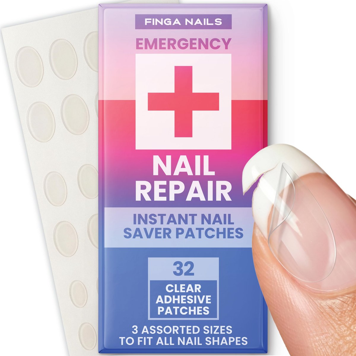 Nagelreparatur-Pflaster – Klare, selbstklebende Patches für gebrochene Fingernägel – Splitter-Nagelreparaturfolie mit sofortigem Schutz bei Absplitterungen und Rissen – 32 vorgeformte Tabs – Maniküre-Retter-Set