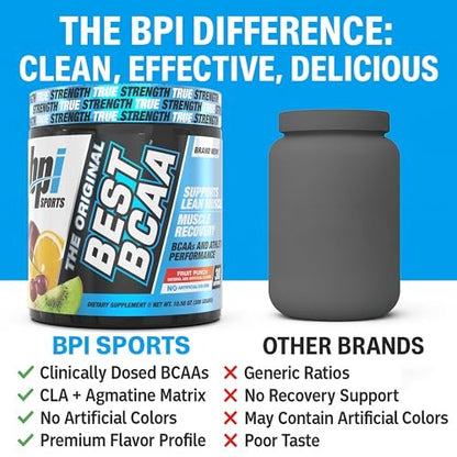 BPI Sports Best BCAA Pulver – Muskelregeneration & Erholung – Verzweigtkettige Aminosäuren (BCAAs) – Proteinbausteine für den Muskelaufbau – Post-Workout – Hydration – Fruchtpunsch, 30 Portionen