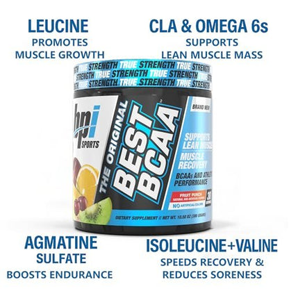 BPI Sports Best BCAA Pulver – Muskelregeneration & Erholung – Verzweigtkettige Aminosäuren (BCAAs) – Proteinbausteine für den Muskelaufbau – Post-Workout – Hydration – Fruchtpunsch, 30 Portionen